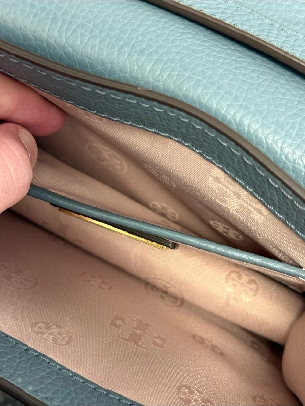 NWOT Tory Burch Britten Logo Saddle Bag Slate Blue/Brunnera Pebble Leather $458
